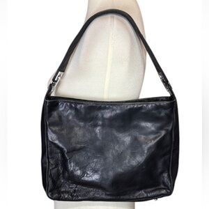 Perlina New York black leather shoulder bag with silver tone hardware
